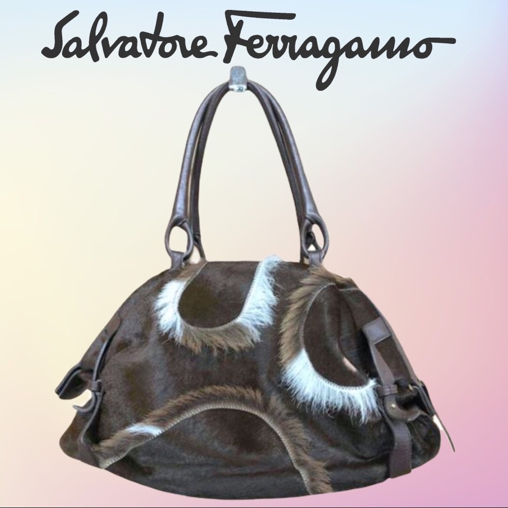 Salvatore Ferragamo Brown & White Pony Hair & Leather Shoulder Bag